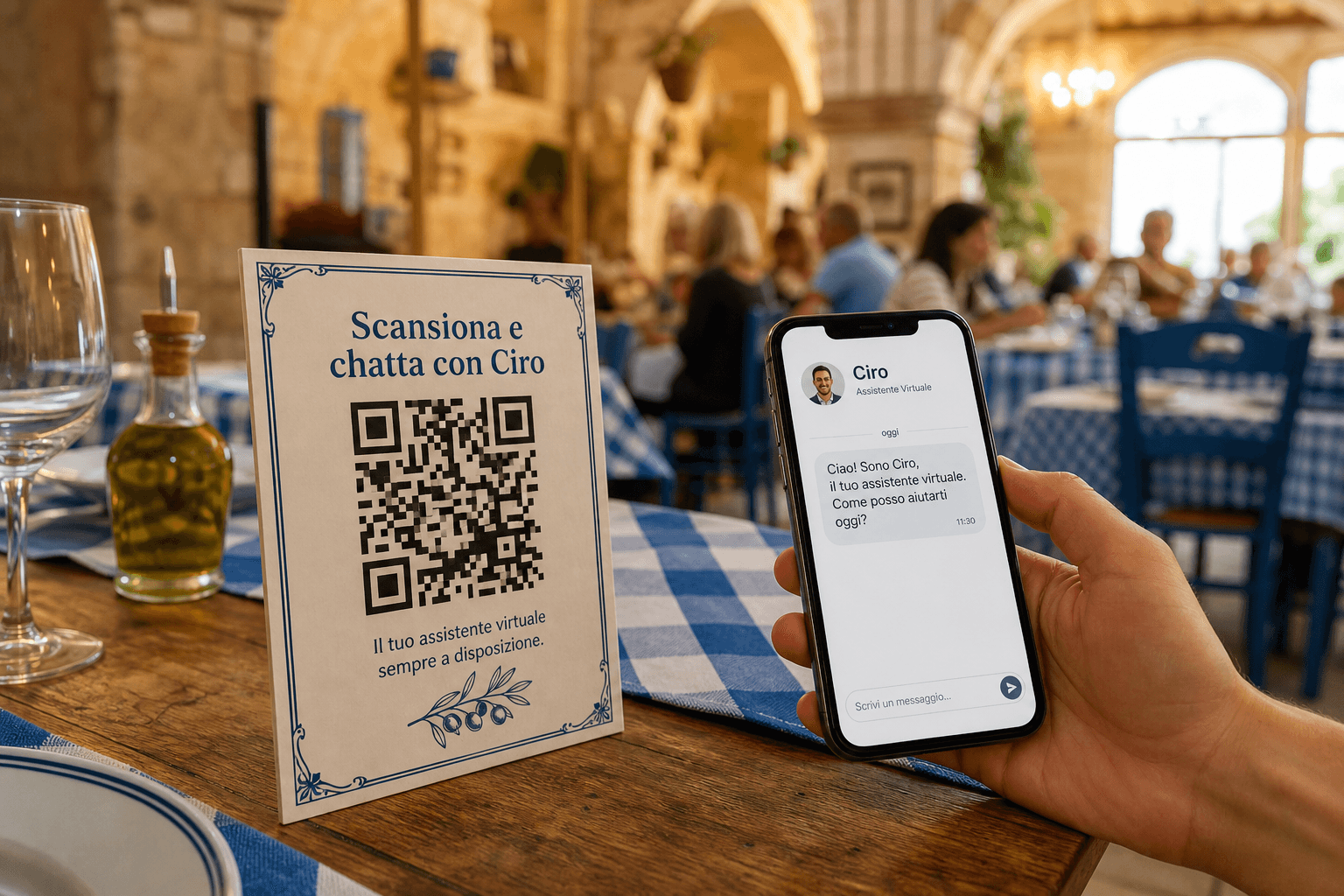 QR code sul tavolo in trattoria pugliese — cliente scansiona e apre chat con Ciro
