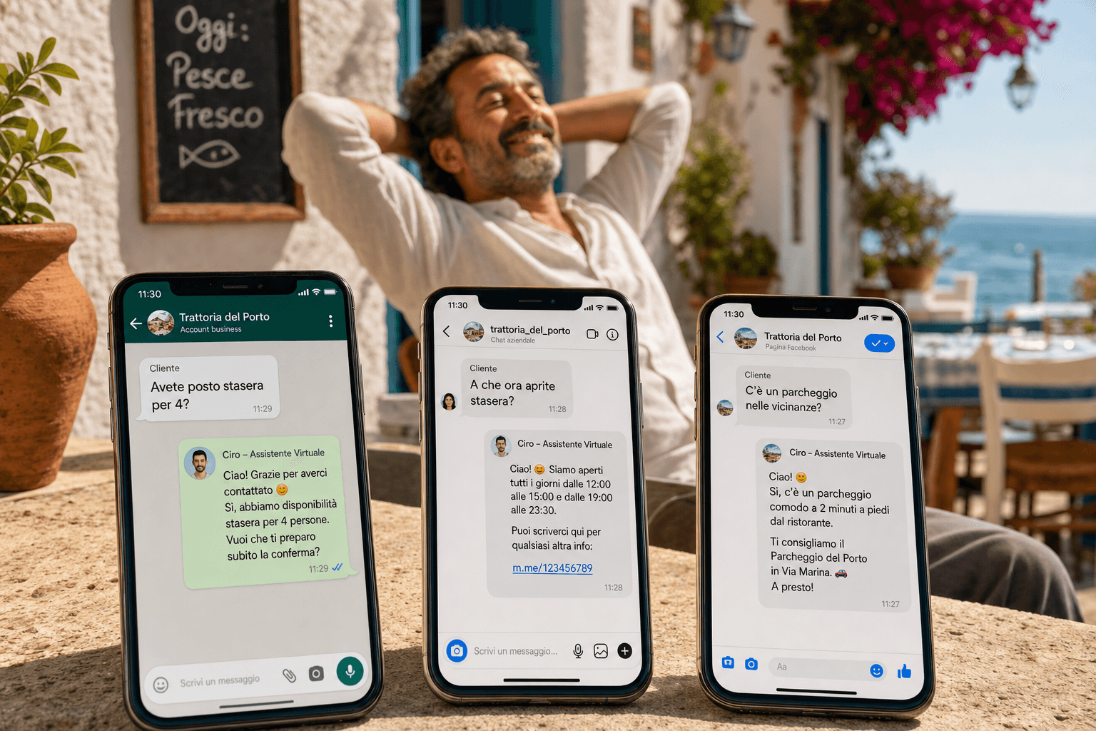 Gestore felice in terrazza pugliese mentre Ciro risponde su WhatsApp, Instagram e Facebook