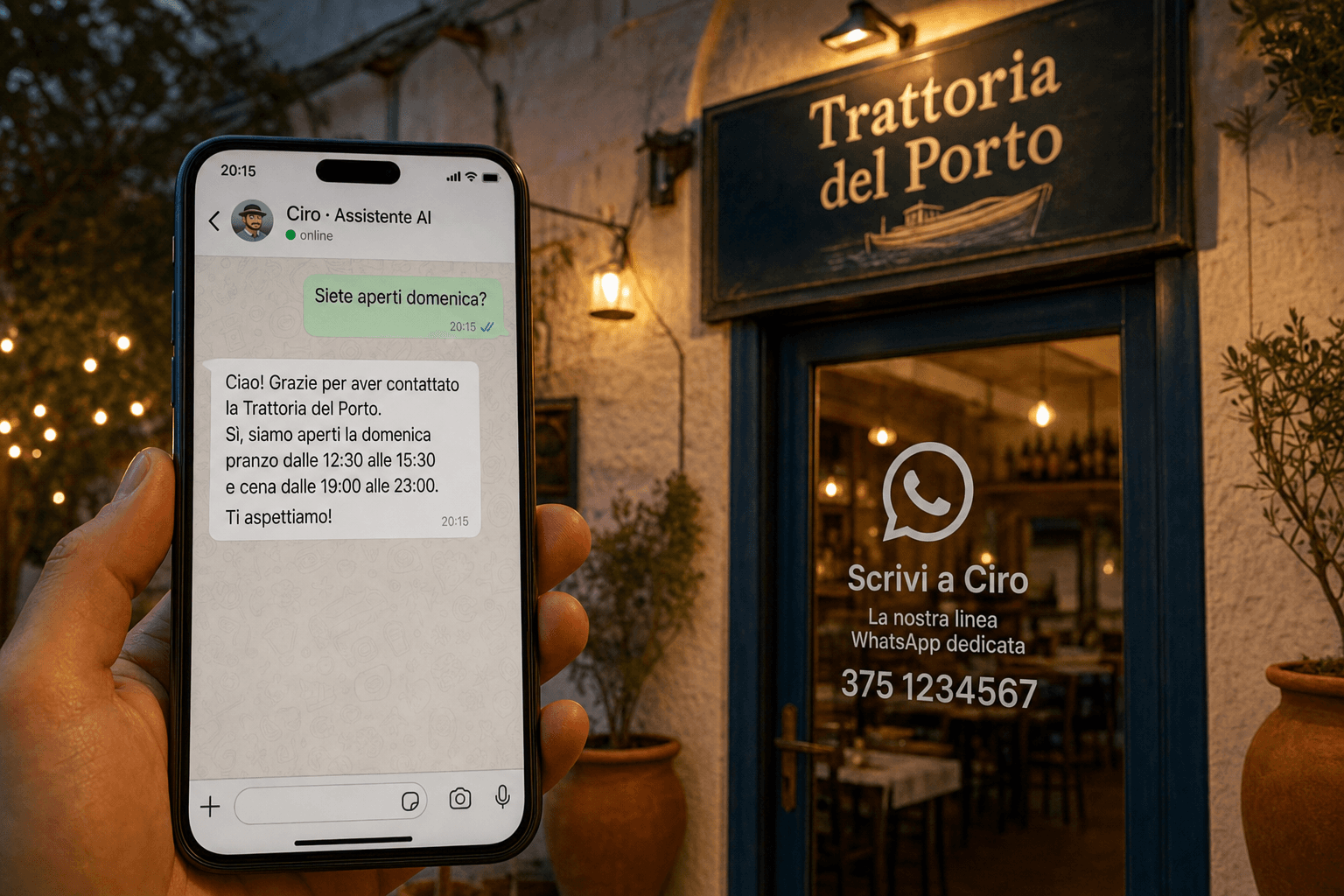 Ingresso trattoria con linea WhatsApp dedicata a Ciro assistente AI
